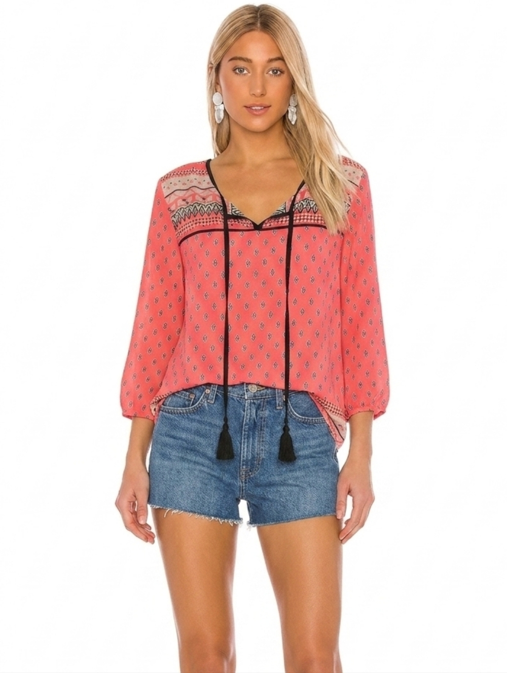 Live 4 Truth Boho Medallion Peasant Blouse M Coral Pink 3/4 Balloon Sleeve
